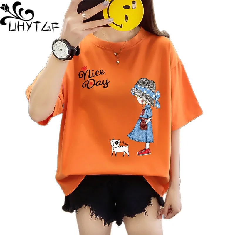 

UHYTGF Oversized T-Shirt Women Short Sleeved Pullover Summer Top Female Clothing Print Crewneck Casual Sweet Ladies T-Shirt 2546