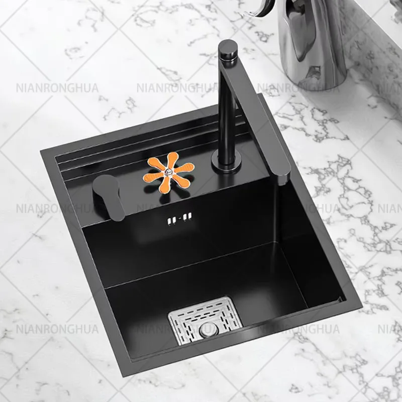 Small Black Kitchen Sink Above Counter or Undermount 304 Stainless Steel Single Bowl Washing Basin Drain Accessories for Kitchen