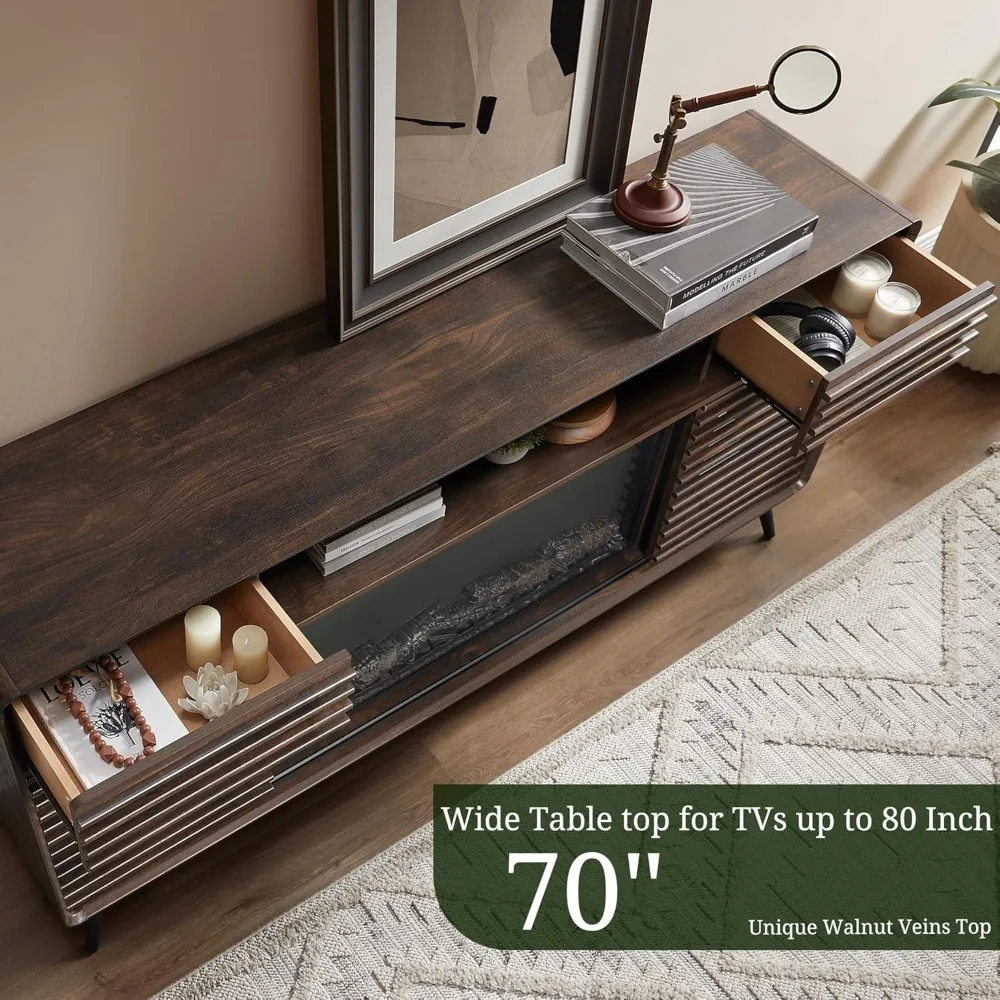Fireplace TV Stand for 80 Inch TV, Mid Century Modern Entertainment Center with 36" Electric Fireplace & Led Lights, Wo 4