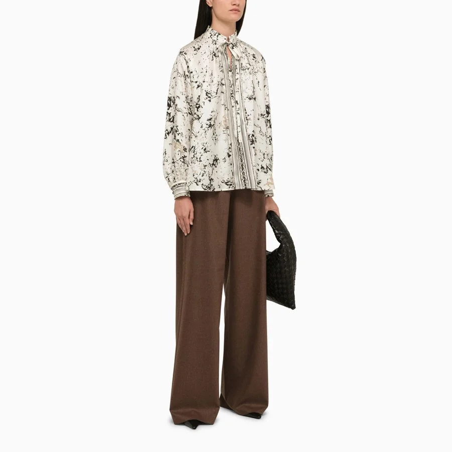

2024 Fashion Puff Sleeve Ink Print Tie Collar Women Twill Silk Shirt