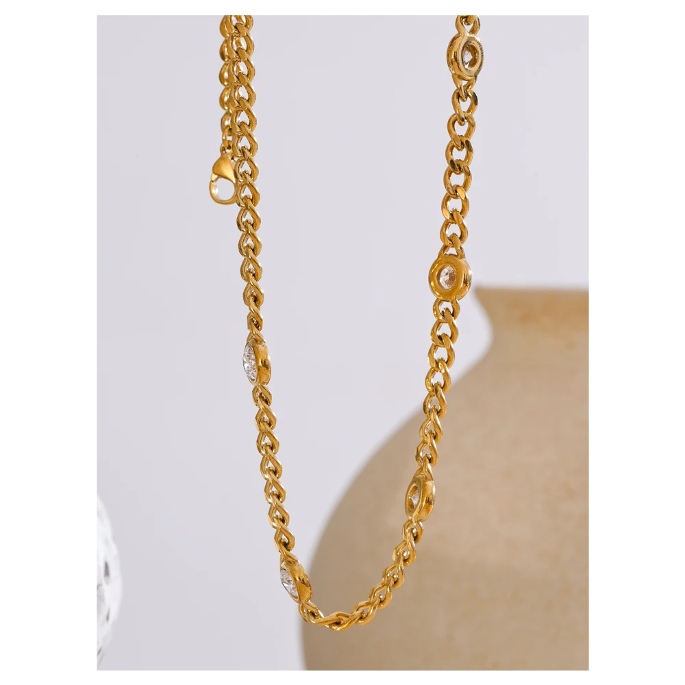 Yhpup Cubic Zirconia Chain Necklace Women 316L Stainless Steel