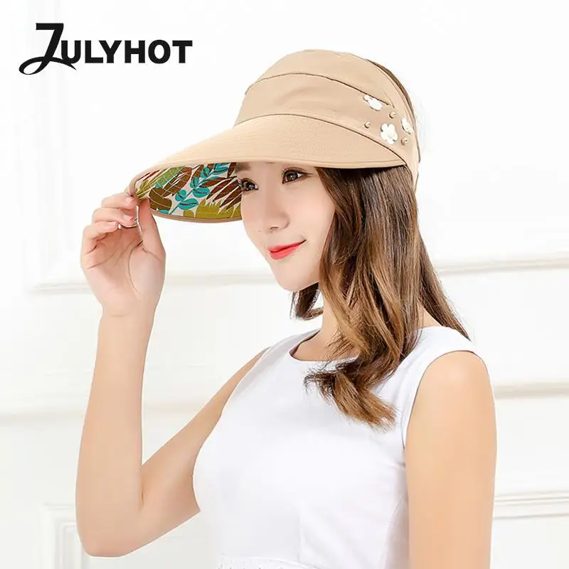 Summer Hats For Women Foldable Sun Hat Pearl Flower Polyester Visor Suncreen Floppy Cap Female Outdoor Casual Baseball Cap