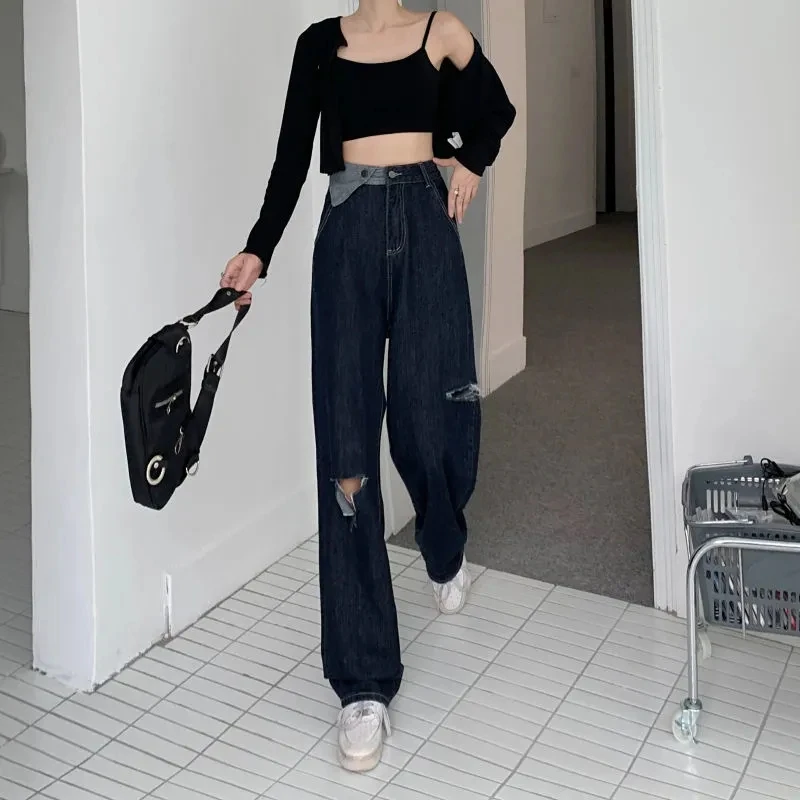 

Loose M-6XL Hole Jeans For Womens Trousers High Waist Straight Pants Denim Jean Women Spring Fall Casual Vintage Wild Jeans