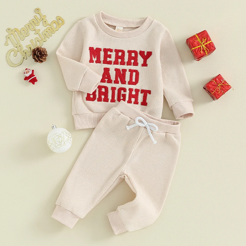 

Baby Christmas Pants Set Toddler Fuzzy Letter Sweatshirt and Drawstring Pants Set Newborn Waffle 2 Piece Suits