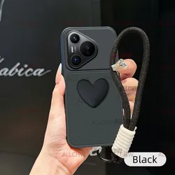 Luxury Leather Matte Love Heart Hand Strap Phone Case for HUAWEI Pura 90 Pro (Black)
