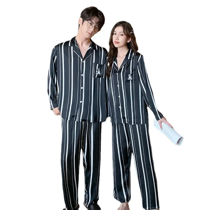 New Ice Silk Lovers' Pajamas Long Sleeve Household Garments Spring and Autumn Nightwear Women's and Men's Nightie Sleepwear