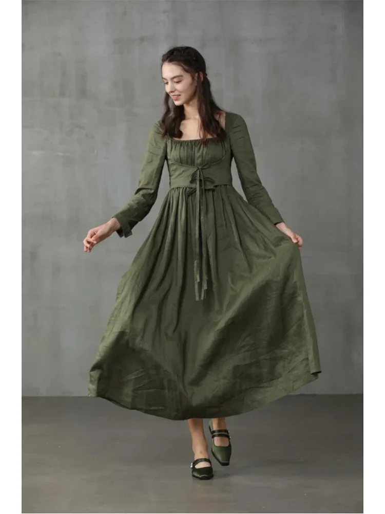 

Women's Elegant A-line Dress Square Collar Lace-up Long Sleeve Casual Solid Sweet Ruched Midi Dress Autumn Fashion Chic Dress