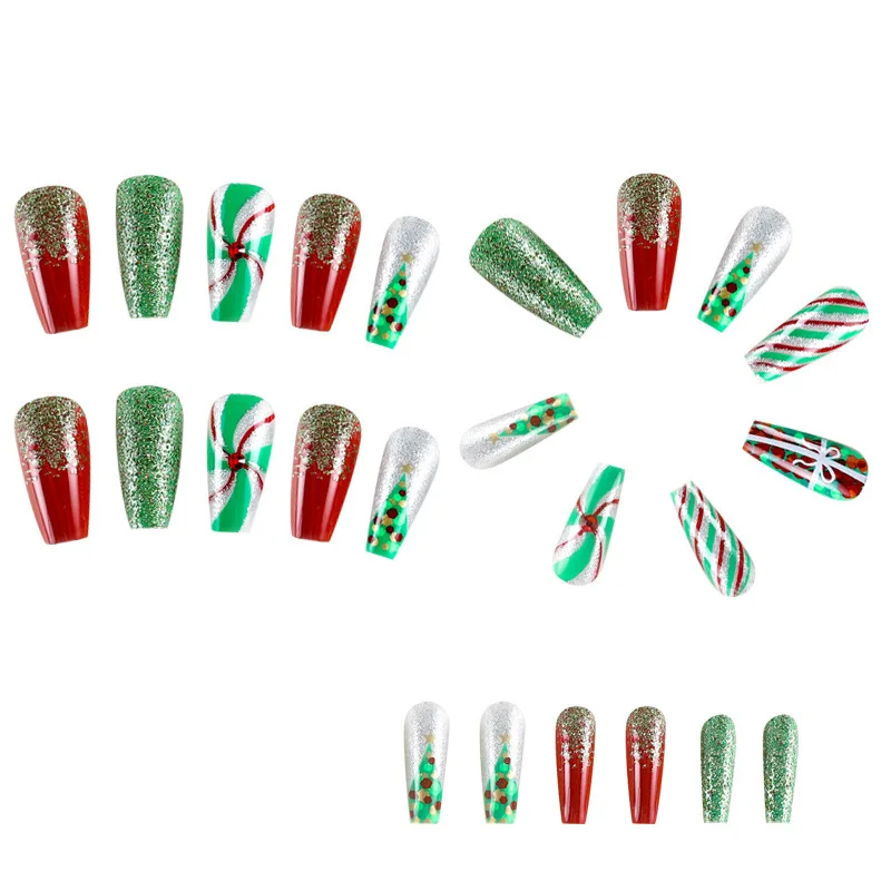 Christmas Tree Gift Candy Cane Pattern Sparkly False Nails