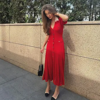 Contrast Single Breasted Knitted Dress For Women Elegant Lapel Short Sleeve Hollow Out Chic Dresses Female Red Black Vestidos 1