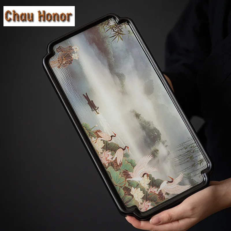 30x15cm Landscape Painting Small Tea Tray Bamboo Tray Tea Table Teaware Holder Kung Fu Tea Set Dry Brewing Plate Tea Ceremony
