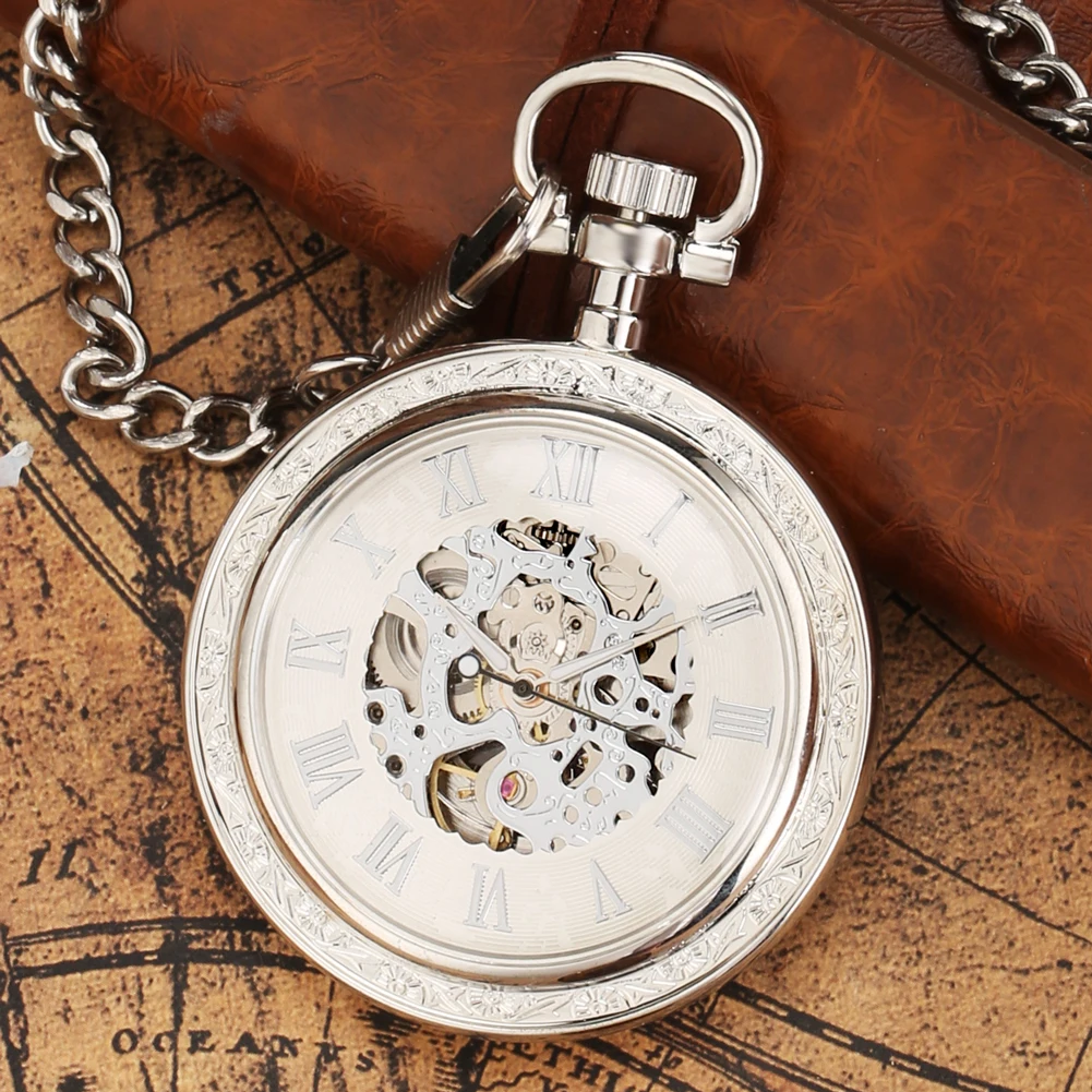 Luxury Vintage Roman Numerals Automatic Pocket Watch Men Fob Chain Mechanical Self Winding Open Face Chain Pendant Pocket Clock