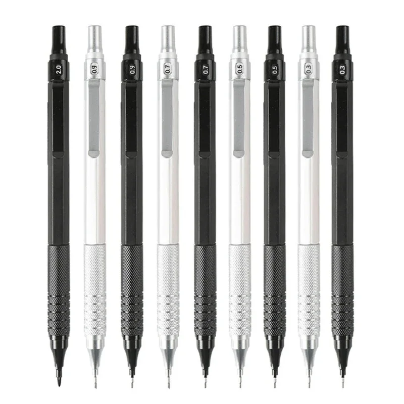 0.3 0.5 0.7 0.9 2.0mm Full Metal Mechanical Pencil Set Art Sketch HB Leads Retractable Nib School Writing Pencil Gift Stationery 4