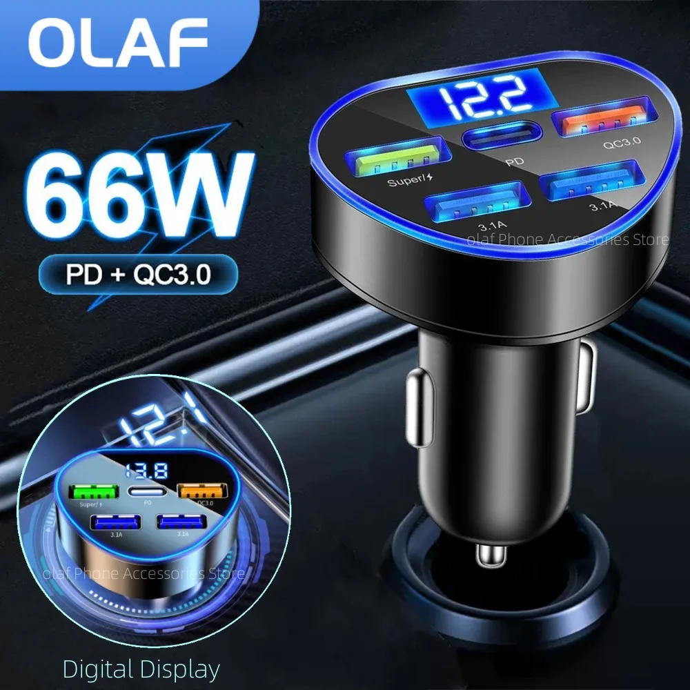66W 5 Porte Caricabatteria Da Auto Accendino Ricarica Rapida Pd Qc3.0 Usb Tipo C Caricabatteria Da Auto Adattatore Per Iphone Samsung Huawei Xiaomi