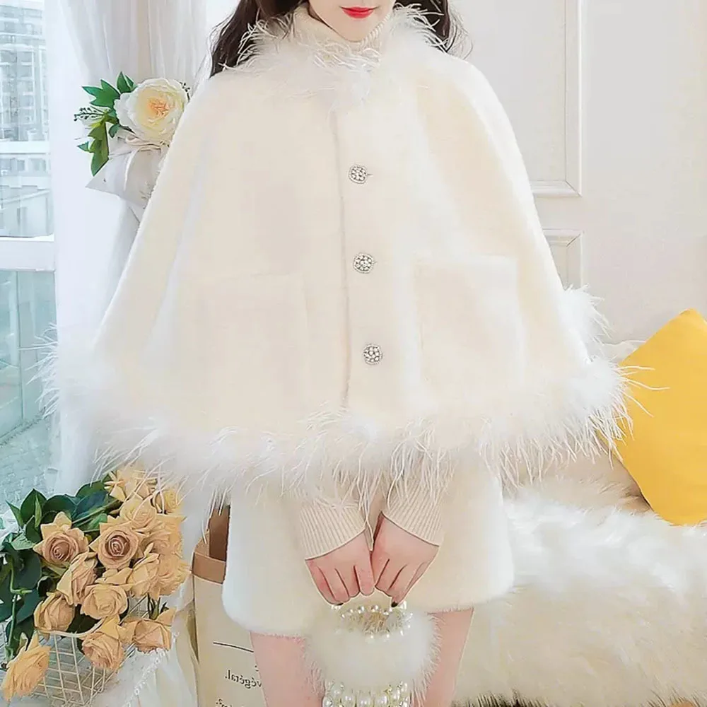 

Poncho Skirt Sets Women 2022 Autumn Winter Mink Fluffy Collar Cloak Jacket + Mini Skirt Fashion Cute Fairy Chic Two-Piece Suit