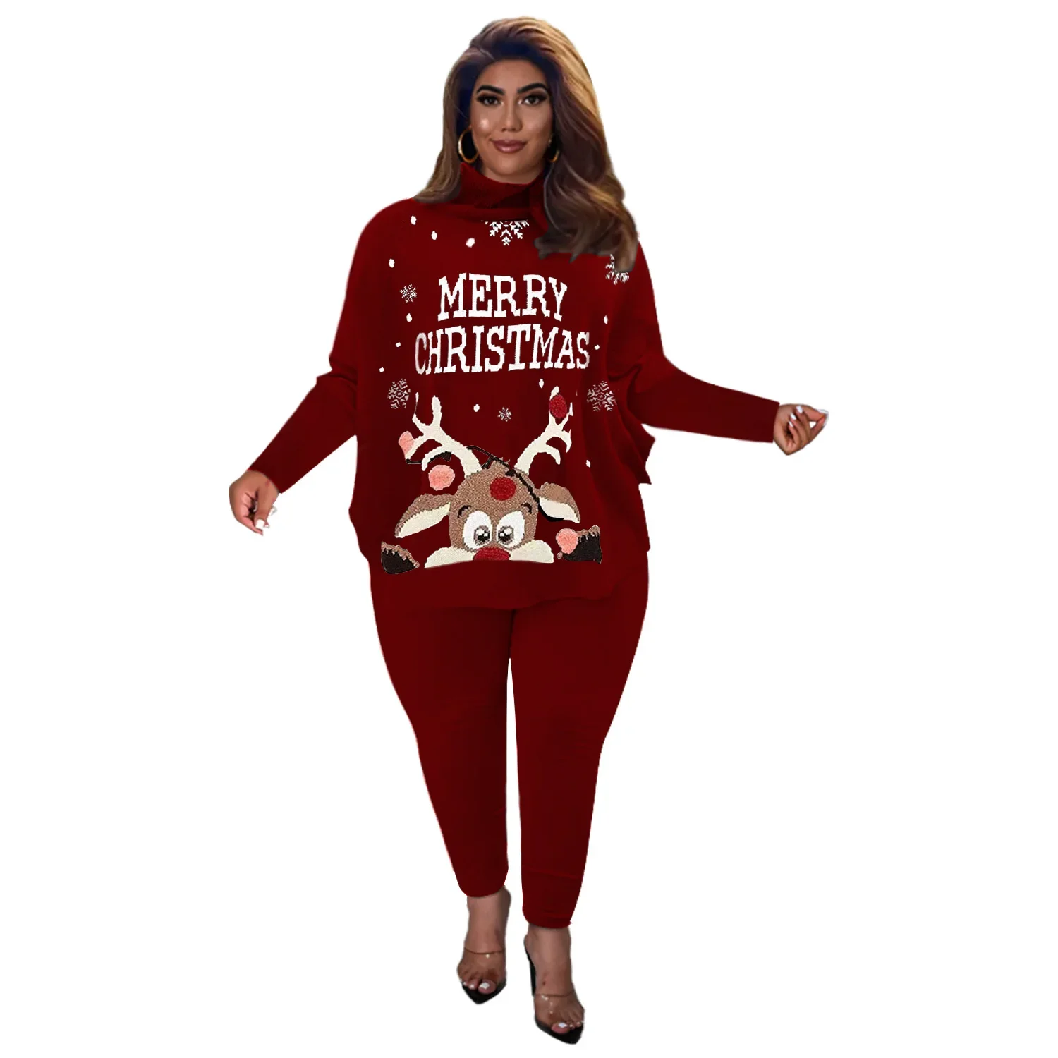Autumn Winter Home Leisure Suit Christmas Women's Clothing 2024 Knitting Rib Sunken Stripe Top Tight Pencil Pants 2 Piece Sets