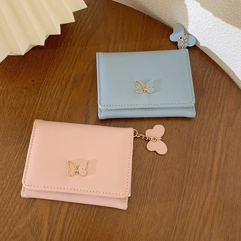 Pink Women Wallets PU Leather Female Purse Butterfly Designs Mini Solid Multi-Cards Holder Short Wallets Slim Small Wallet 6