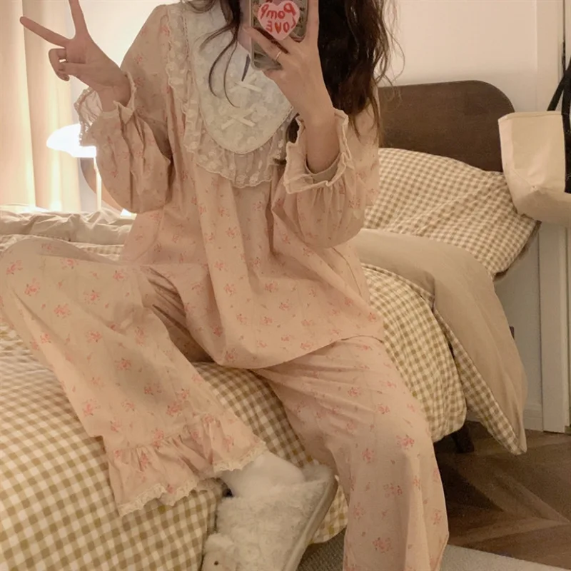 Summer Woman Sweet Kawaii Pajama Set Floral Lace Fashion Shorts Short Sleeves Loungewear Korean Style Long Pants Pajamas Clothes