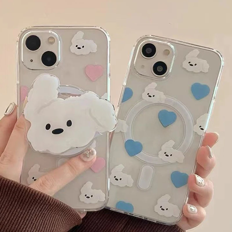 한국 귀여운 베이지 강아지 마그네틱 홀더 그립 Tok Griptok 전화 스탠드 홀더 지원 iPhone 15 14 13 Pad Magsafe Smart Tok