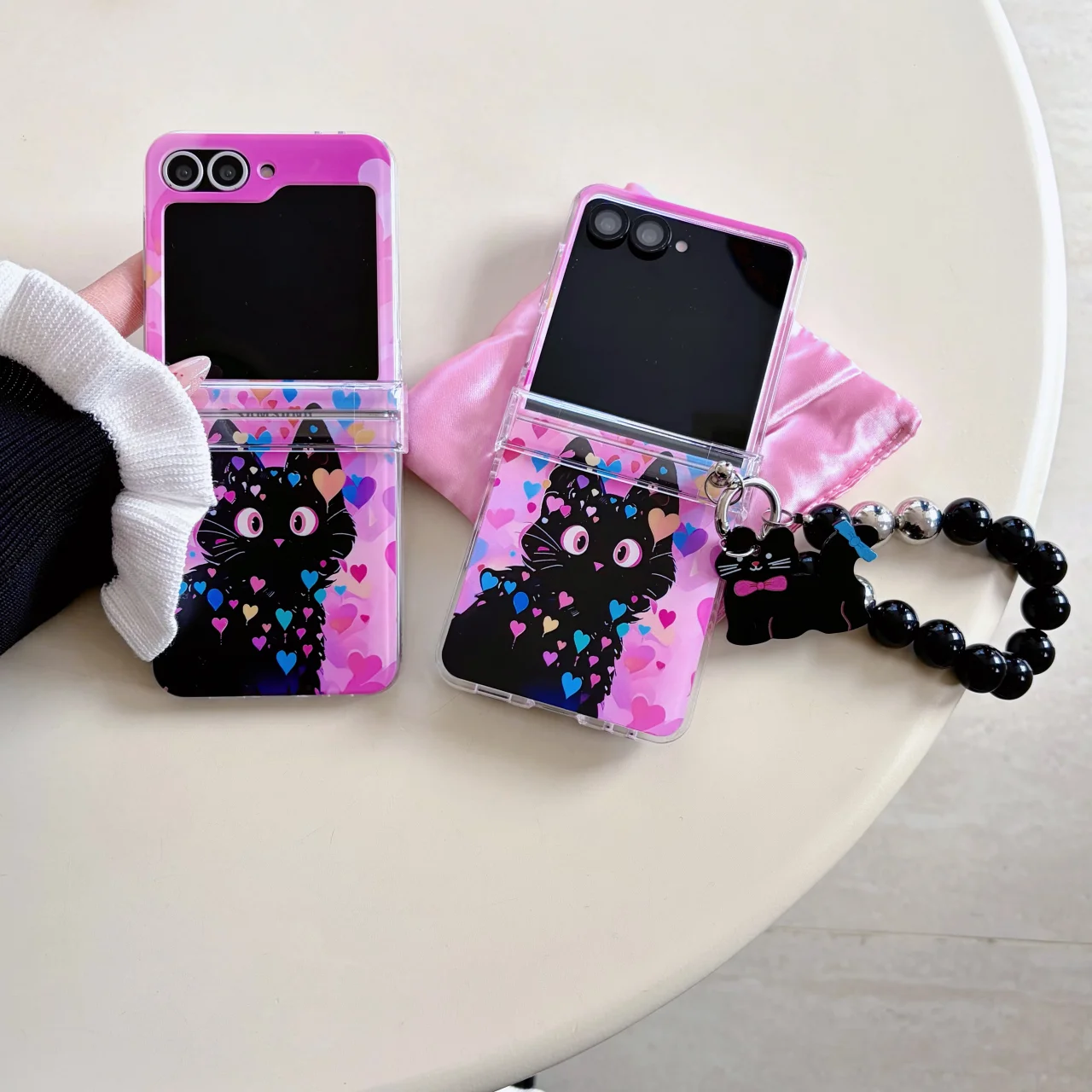 Colorful Love Heart Black Cat Folding Phone Case with Wrist Strap