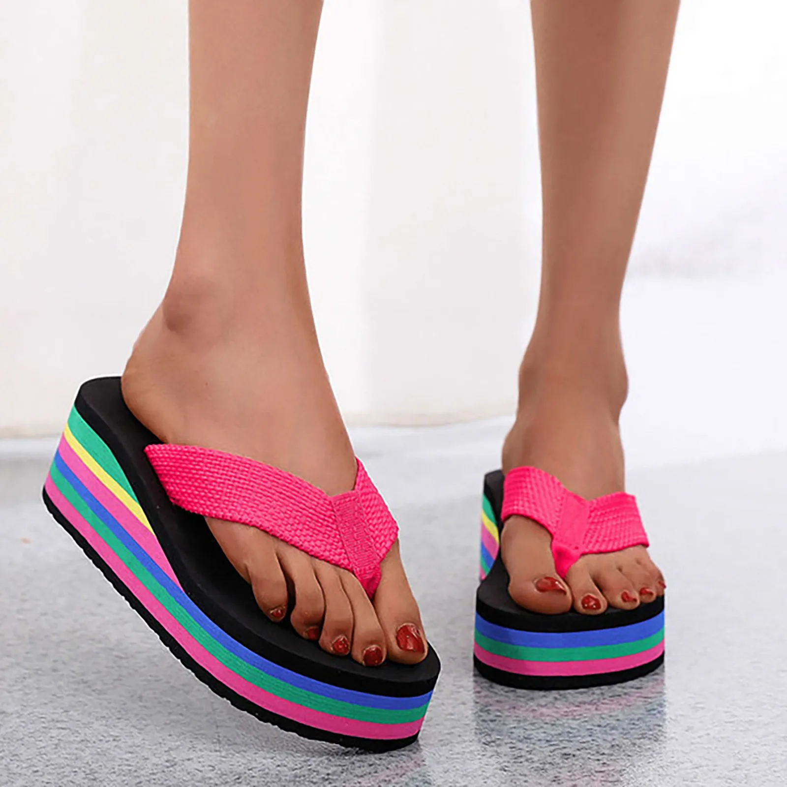 Women Wedge Sandals Flip Flops Mixed Colors Sole Beach Fashion Slippers Soft Thick Sole Summer Casual Outdoor High Heels Slipper