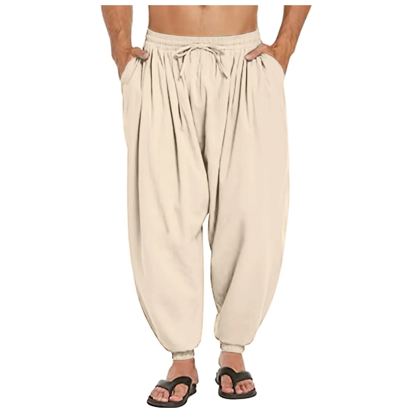 Mens Linen Yoga Pants Elastic Waist Drawstring Beach Loose Fit Casual Tapered Trousers Mens Ling Swim Trunks 3
