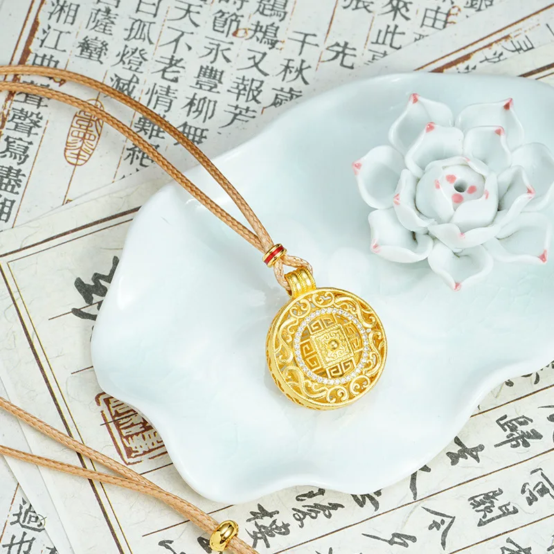 9999 24K real gold Fashion design ancient fashion necklace royal style diamond-studded eight treasures compass pendant
