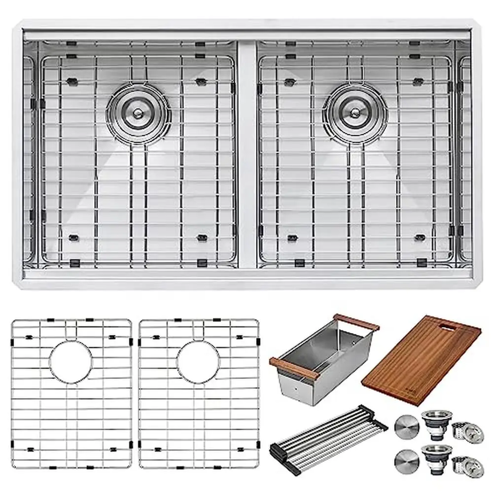 Stainless Steel Double Bowl Undermount Kitchen Sink with Workstation Ledge Cutting Board Colander 3
