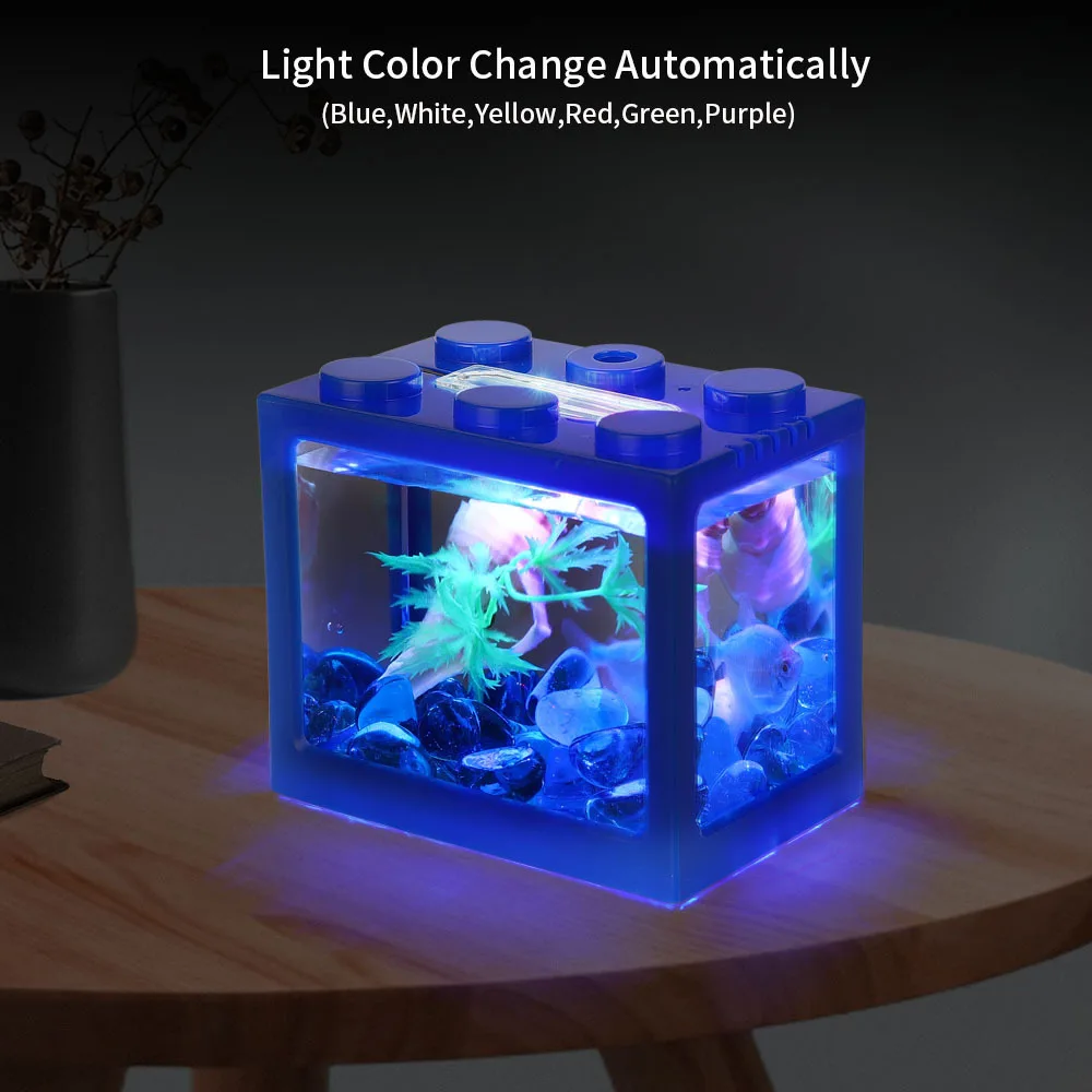 USB Interface Aquarium for Fish Tanks Building Block Small Fish Tank Stackable Seaweed Box Marimo Plastic LED Light Fishbowl