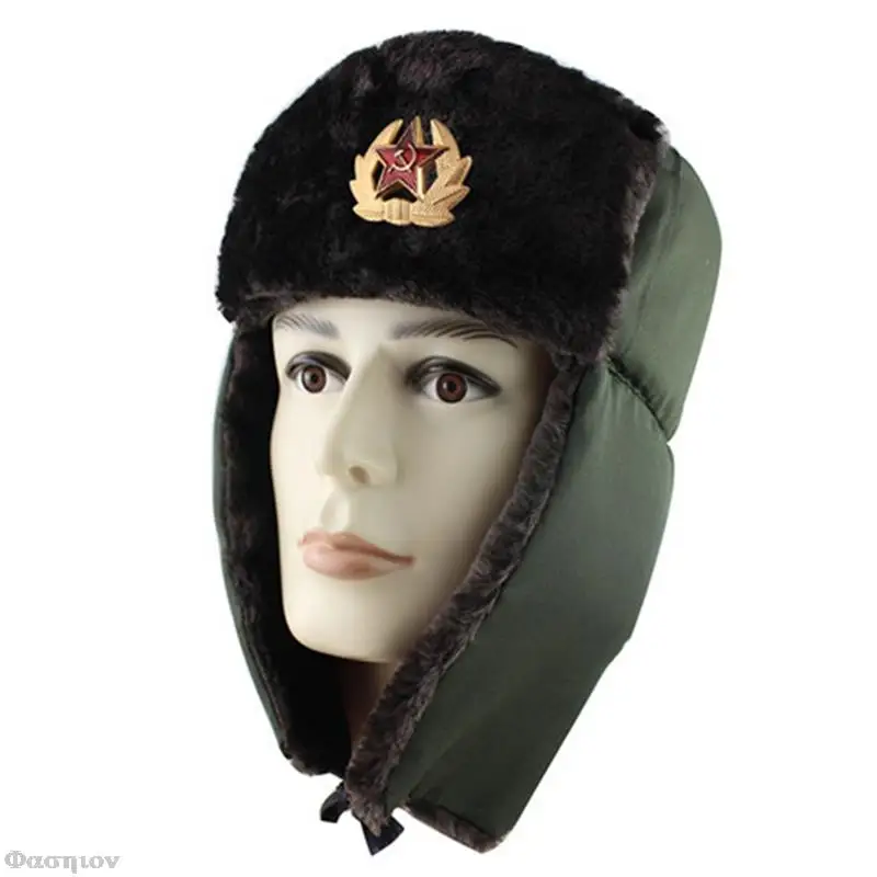 Sovjet Militaire Badge Russische Ushanka Bomber Hoed Piloot Hoed Faux Konijn Met Bont Oorbeschermers Fietsen Cap Ski sneeuw Hoed -