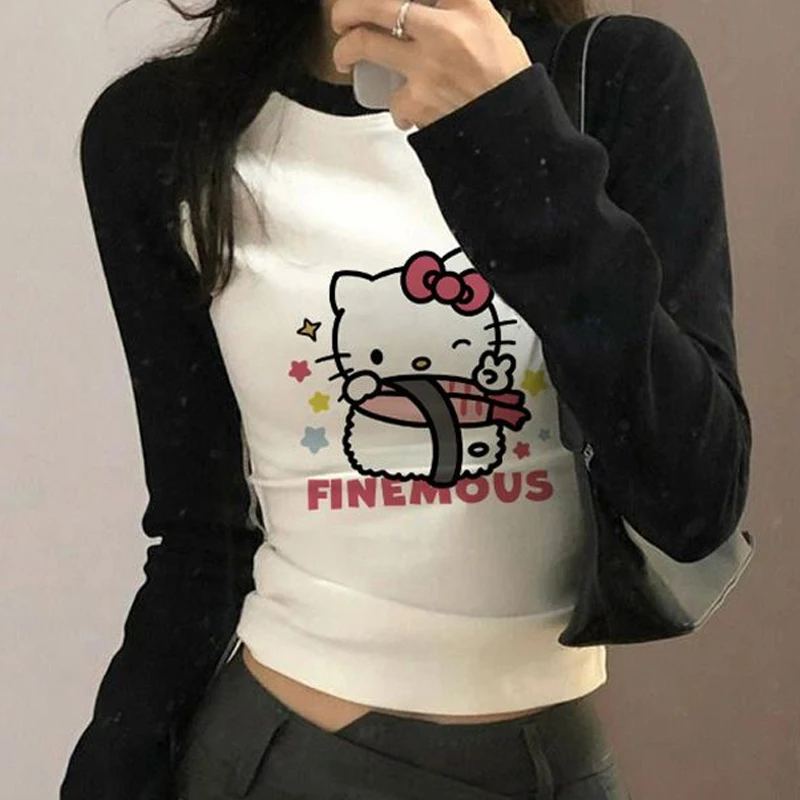 

Футболка Sanrios Hellokitty из чистого хлопка с длинным рукавом для девочек на осень, милый модный брендовый тонкий и универсальный топ с мультяшным принтом