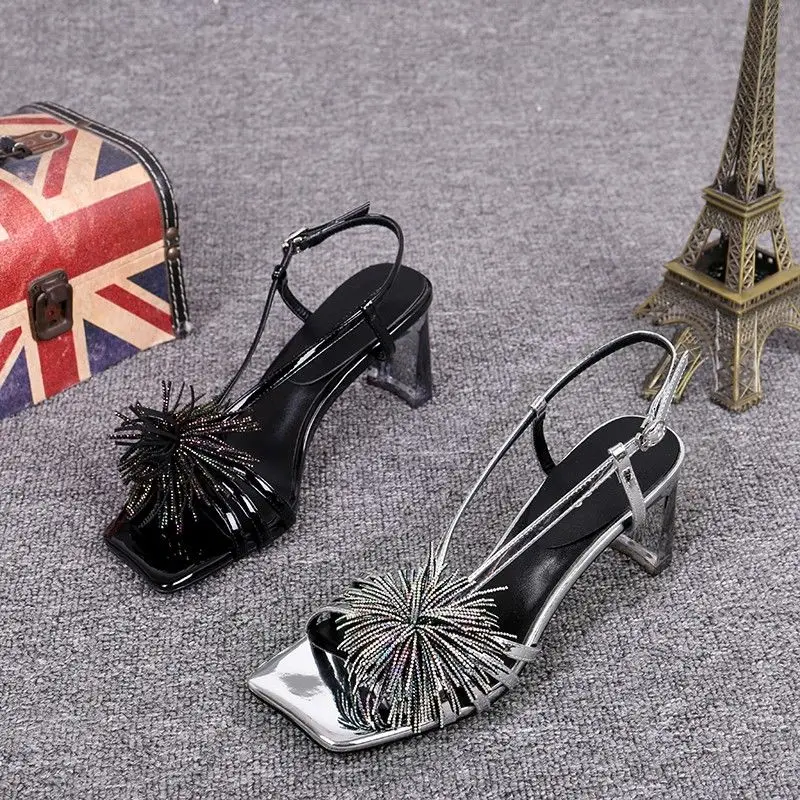 

Женские сандалии с цветочным рисунком FHANCHU 2023, пикантная летняя обувь, Хрустальный каблук, ремешок на щиколотке с пряжкой, 35-39, серебристый, черный, Прямая поставка