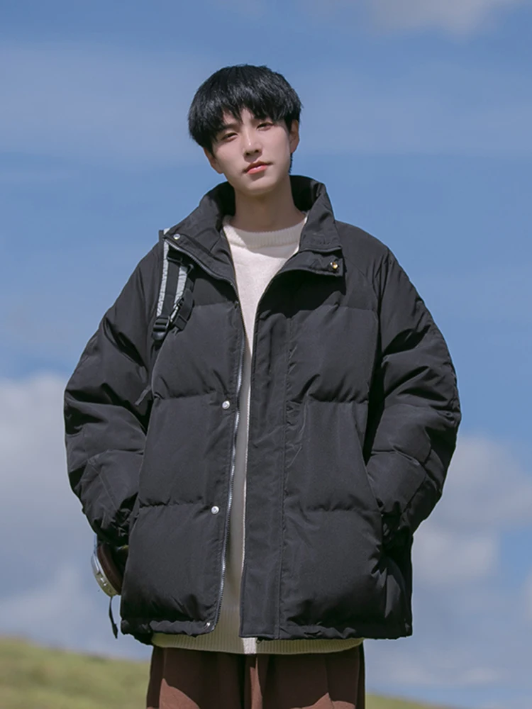 Down Jacket Men's Solid Color Loose Simple Short Thickened Warm Japanese Stand Collar Cotton Winter Side Seam Sidekick Coat 1Pc