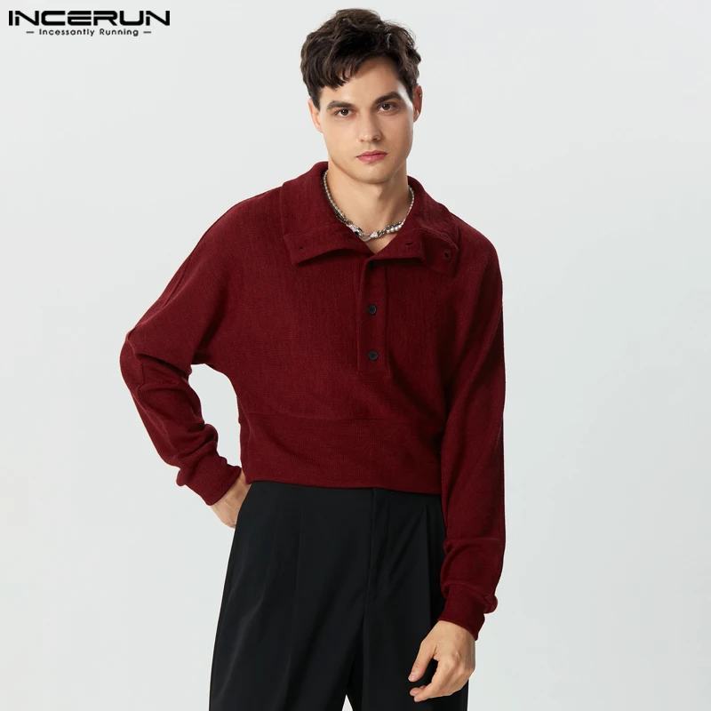 

INCERUN Tops 2023 American Style Fashion Men's Lapel Solid Knitted Pit Stripe Pullover Casual Cropped Long Sleeved Sweater S-5XL
