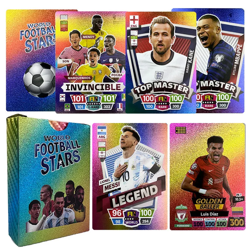 Cartes de football Rick, carte en feuille d'or, noir et argent, collection  anglaise, véritable jeu Messi Kylian Mbappe, jouets, 50 pièces