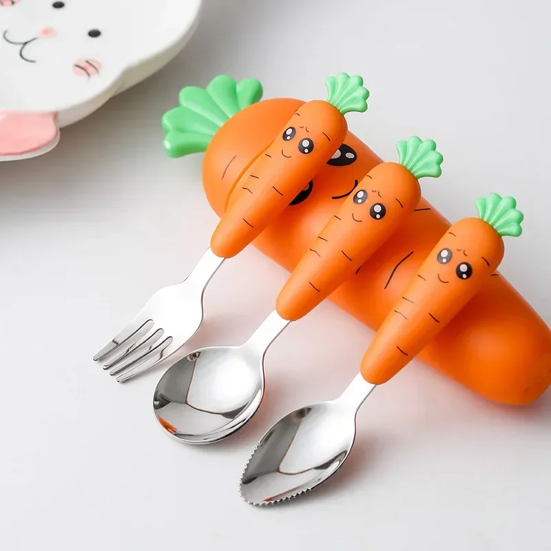 1/3PCS Carrots Set Children Dinnerware Stainless Steel Spoon Fork Flatware With Box Baby Feeding Tool Kitchen Tableware Supplies
