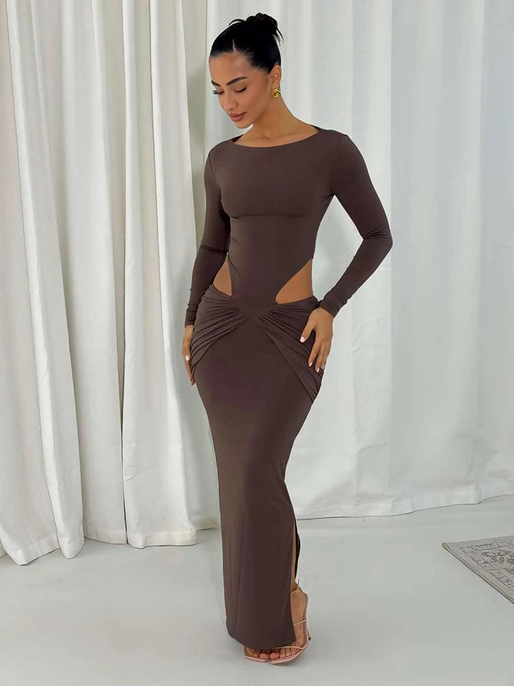Nibber Waistless Maxi Dress Women Folds Full Sleeve Skinny Solid Backless Elasticity Side Slit Elegant Banquet Chic Vestidos