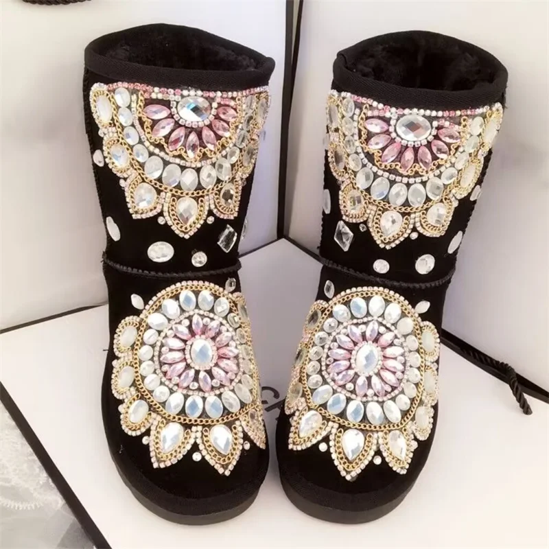 

Mid-calf boots handmade custom winter fashion plus fleece warm boots all-in-one diamond fur boots women's 35-44