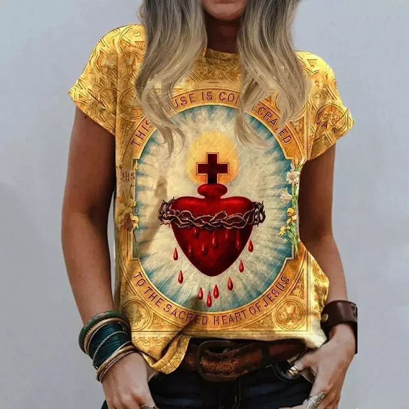 

Ladies T Shirt Virgin Mary Casual Harajuku O Neck Tshirt Women Jesus Religious Cartoon 3d Print Top Female Clothes Fashion Shirt