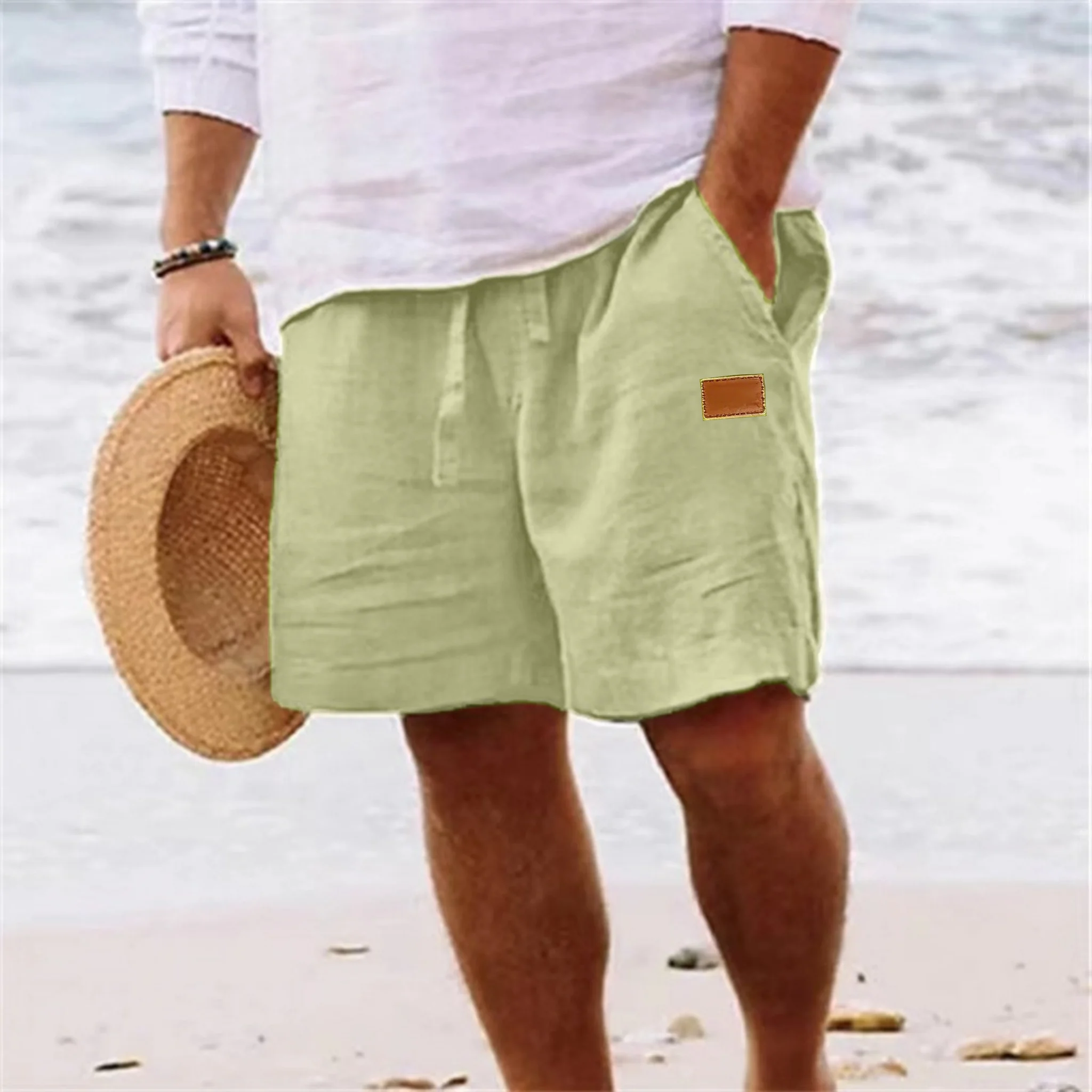 2025 New Summer New Men's Cotton Linen Breathable Shorts Hawaii Beach Pants Male Solid Color Trousers Loose Versatile Streetwear 1