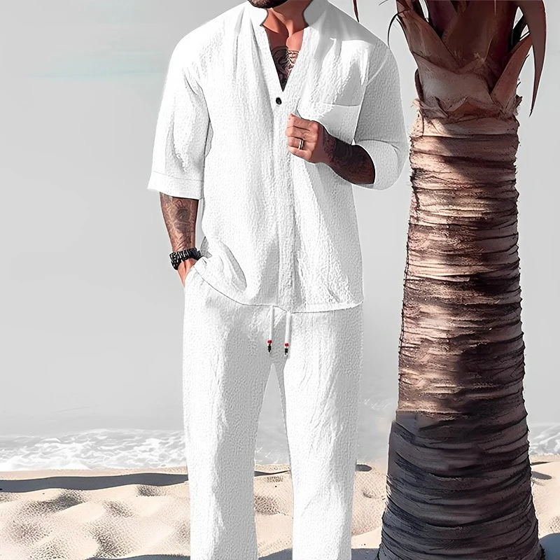 Casual Cotton Linen Two Piece Men Set Fashion Loose V Neck Half Sleeve Tops  And Trouser Suits Mens Beach Style Clothing Summer