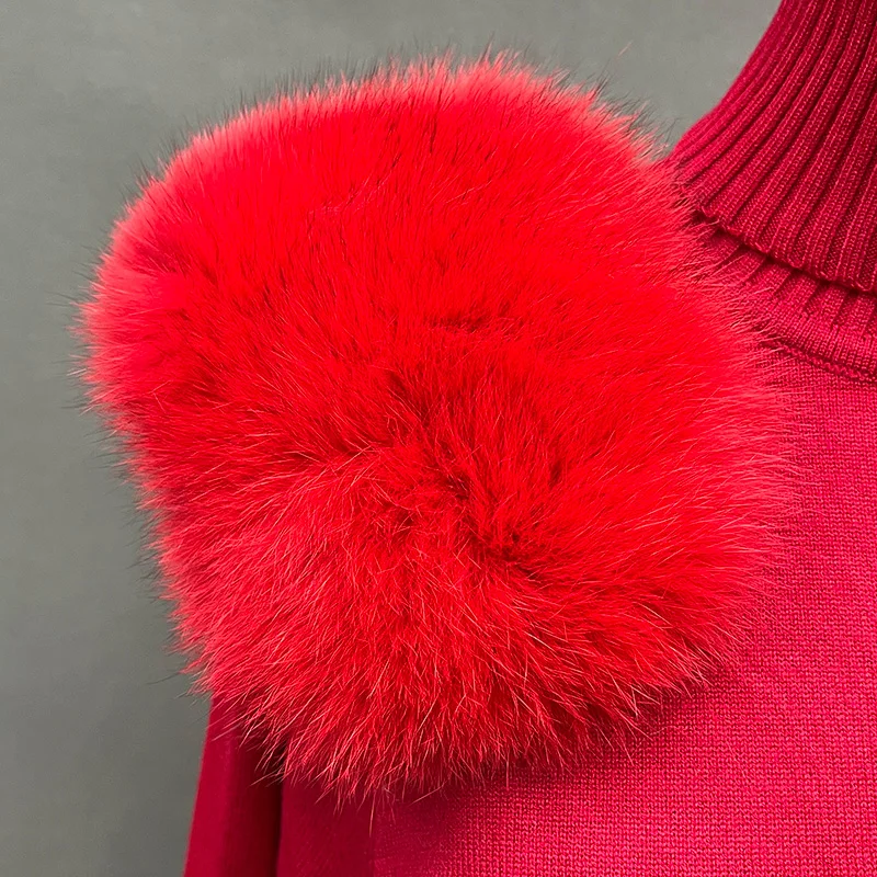 Women's Winter Knitted Sweater Pants Set Lady Fashion Sweater Fox Fur Shoulder Stand Collar Pullover 5