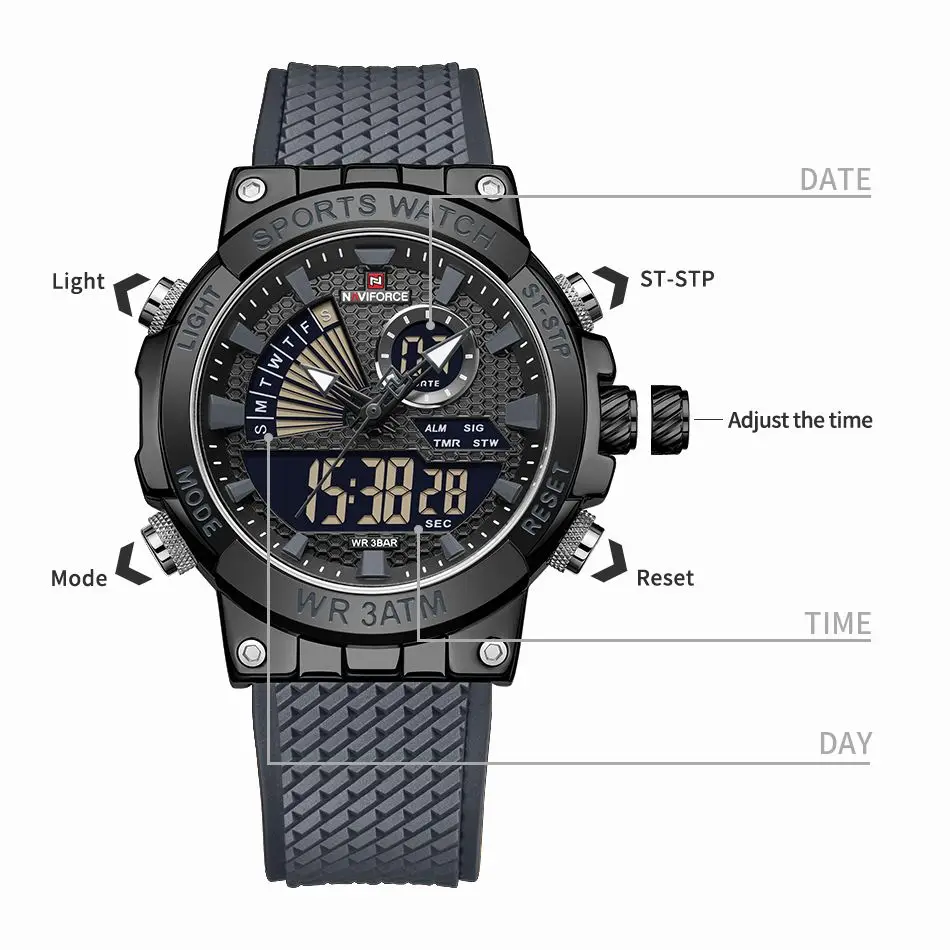 NAVIFORCE Top Luxury Brand Men Watch Military Sport Quartz Wrist Watches Stainless Steel LED Digital Clock Relogio Masculino