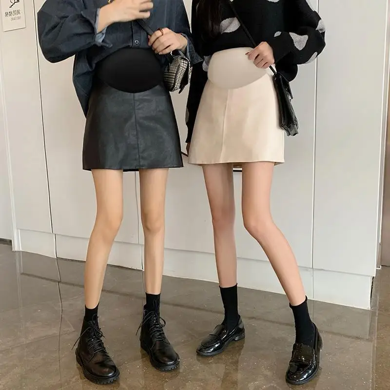 PU Maternity Short Skirts Autumn Winter Fashion Elastic Waist Belly A Line Loose Clothes for Pregnant Women Pregnancy