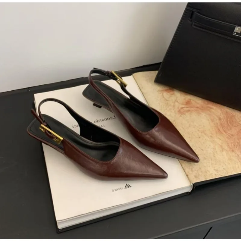 Sexy Pointed Toe Mid Heels Sandals Women Shoes Slingback Summer Trend Dress Leather Pumps New Elegant Party Sandalias Mujer