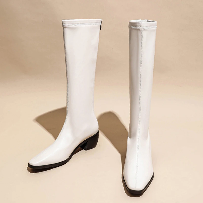 

British Style Women's Fall Winter Knee High Long Boots Fashion Sewing Square Toe Zip Thick Heels Platform High Boots Zapatos