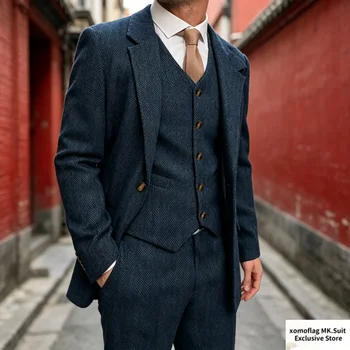 Wool Tweed Men's 3-Piece Suits Vintage Plaid Herringbone Jacket+Vest+Pants Single Breasted Slim Fit Autumn/Winter Tailored Set 1