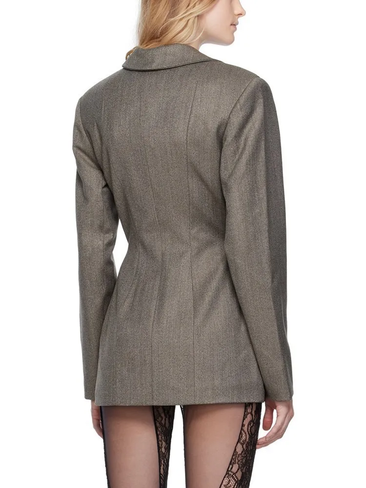 KBQ Patchwork Lace Up Hollow Out Blazers For Women Notched Collar Long Sleeve Irregular Advanced Temperament Blazer Female Style