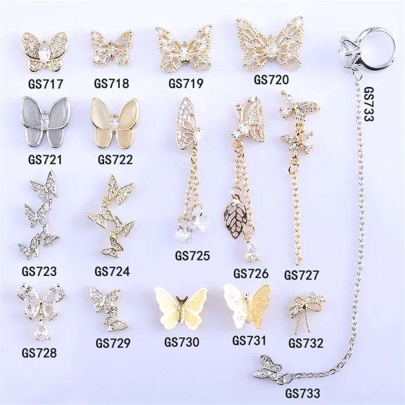 

2pcs/10pcs Gold Silver Butterfly Tassel Nail Art Charms Alloy Zircon Nail Bow Decorations DIY Rhinestone Luxury Nail Accessories