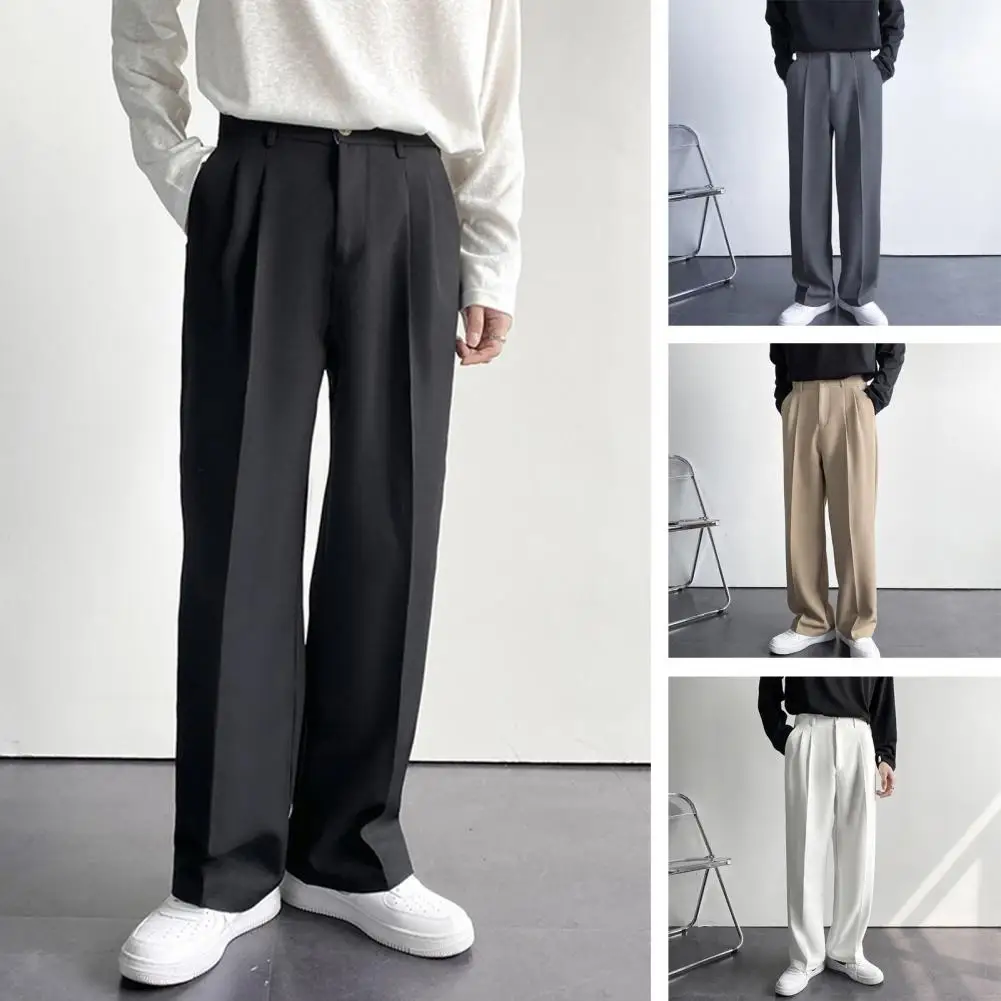 Men Pants Button Zipper Fly Pockets Loose Korean Style Suit Pants Spring Autumn Mid-Waist Straight Wide Leg Casual Trousers 3