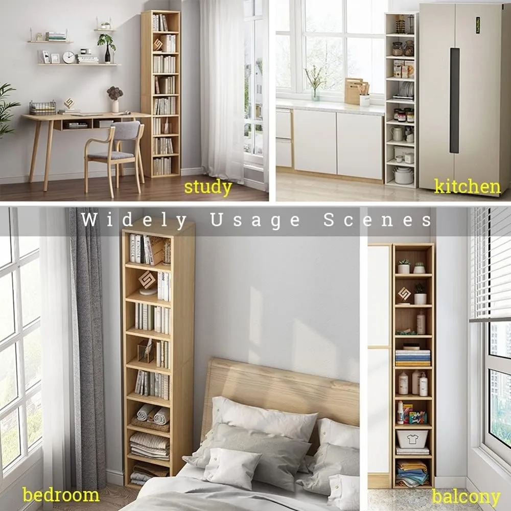 Small Narrow Corner Bookcase -Tall Gap Freestanding Storage Cabinet, 8 Lattices Open Shelves Tower Rack, Cubes Bookshelf 6